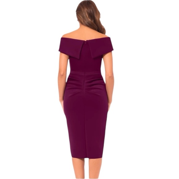 XSCAPE Tisha Knee Length Scuba Off The Shoulder Ruffle Dress Size 4 In Blue - Picture 2 of 14